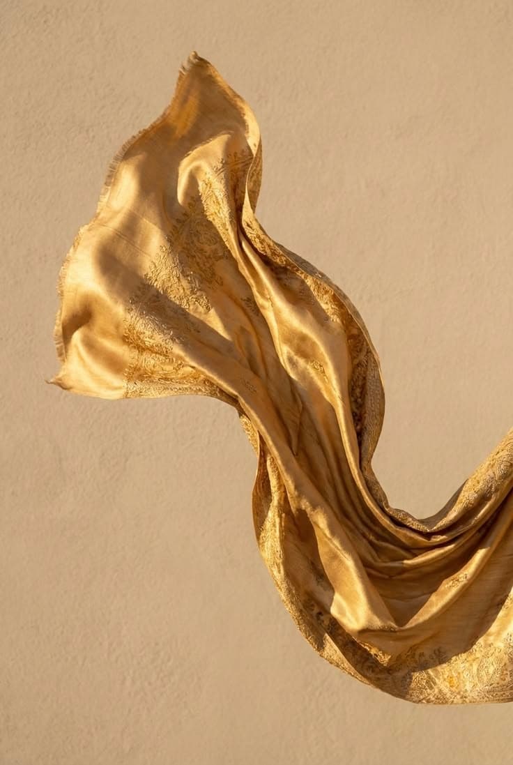 A pashmina caught mid-fall, its woven border catching the light